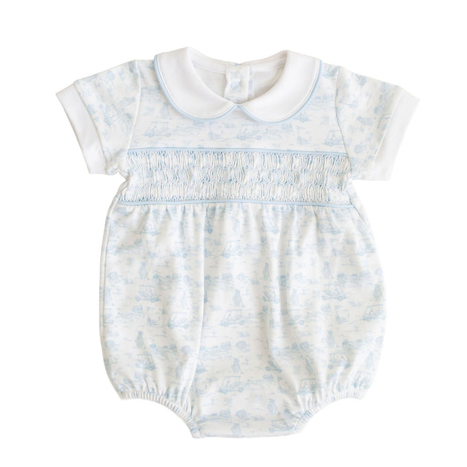 Fairway Toile | Short Sleeve Smocked Bubble (Blue)