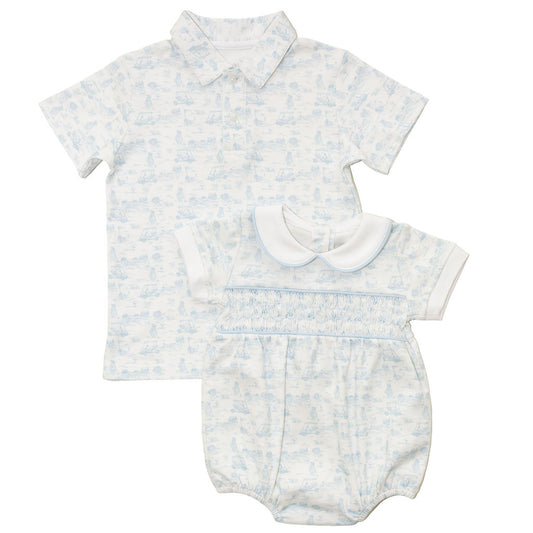 Fairway Toile | Short Sleeve Smocked Bubble (Blue)