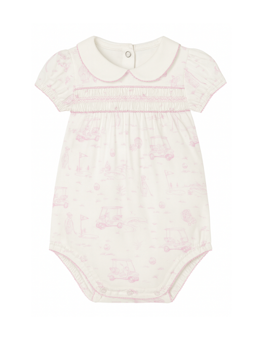 Fairway Toile | Short Sleeve Smocked Bubble (Pink)